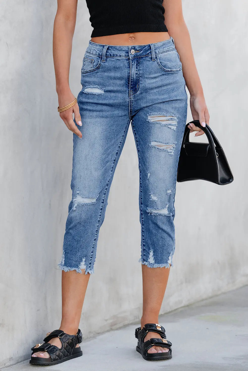 Sky Blue Skinny Distressed Capri Jeans
