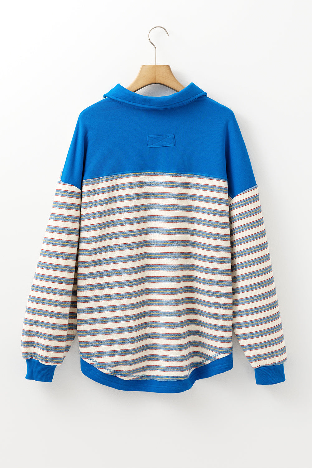 Blue Stripe Buttoned V Neck Collared Drop Shoulder Top BB Fashion Outlet