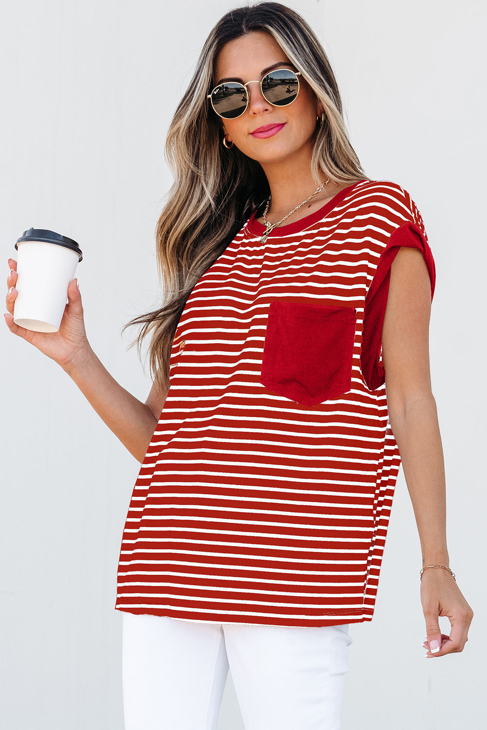 Red Stripe Chest Pocket Patch Round Neck Tank Top eAura