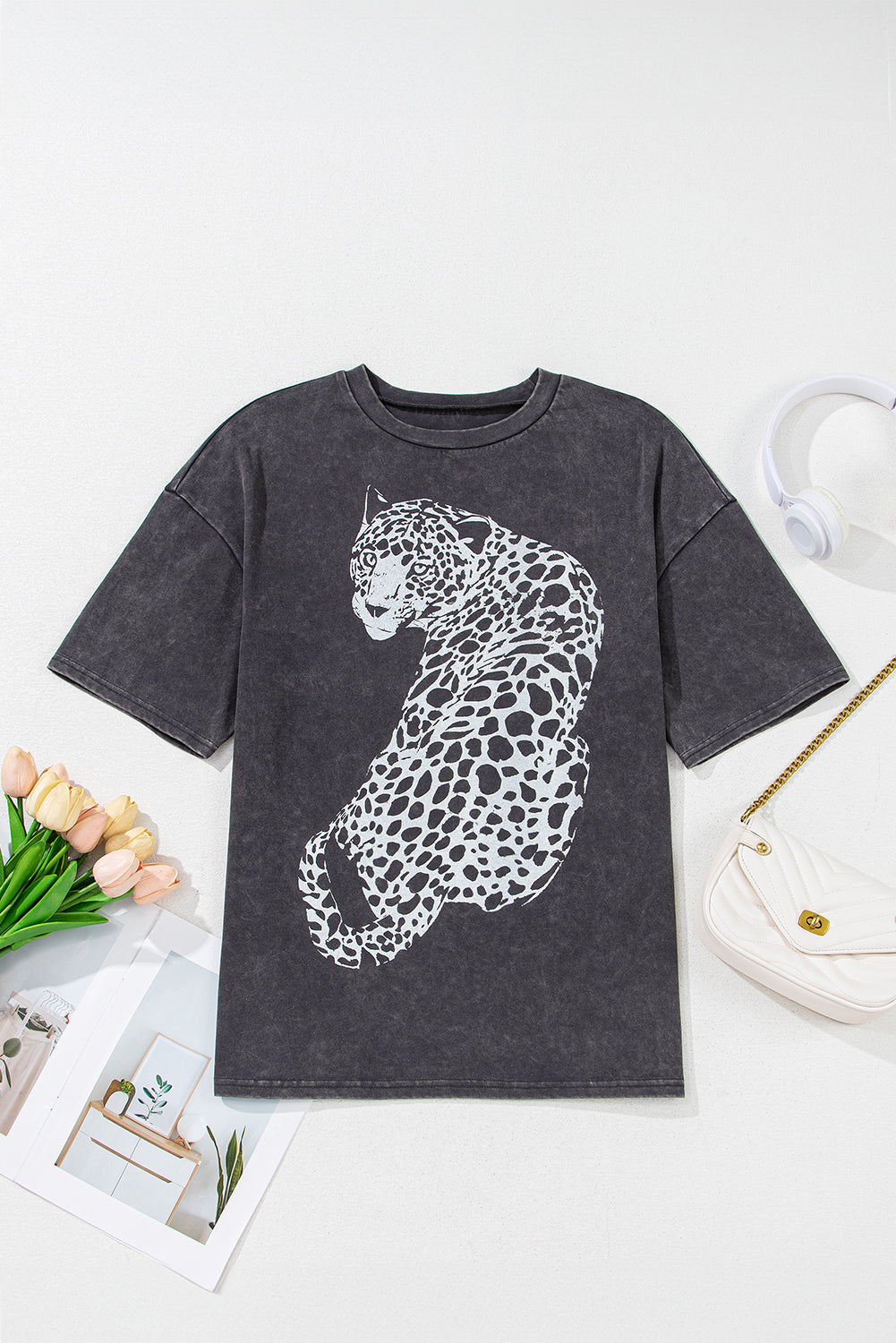 Medium Grey Vintage Cheetah Printed Mineral Wash Graphic Tee eAura