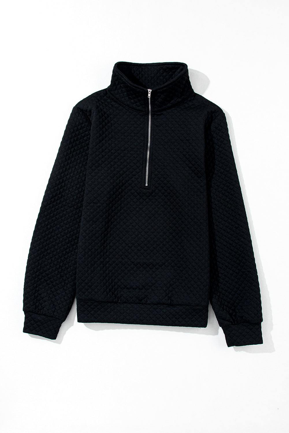 Black Solid Half Zipper Quilted Pullover Sweatshirt - eAura