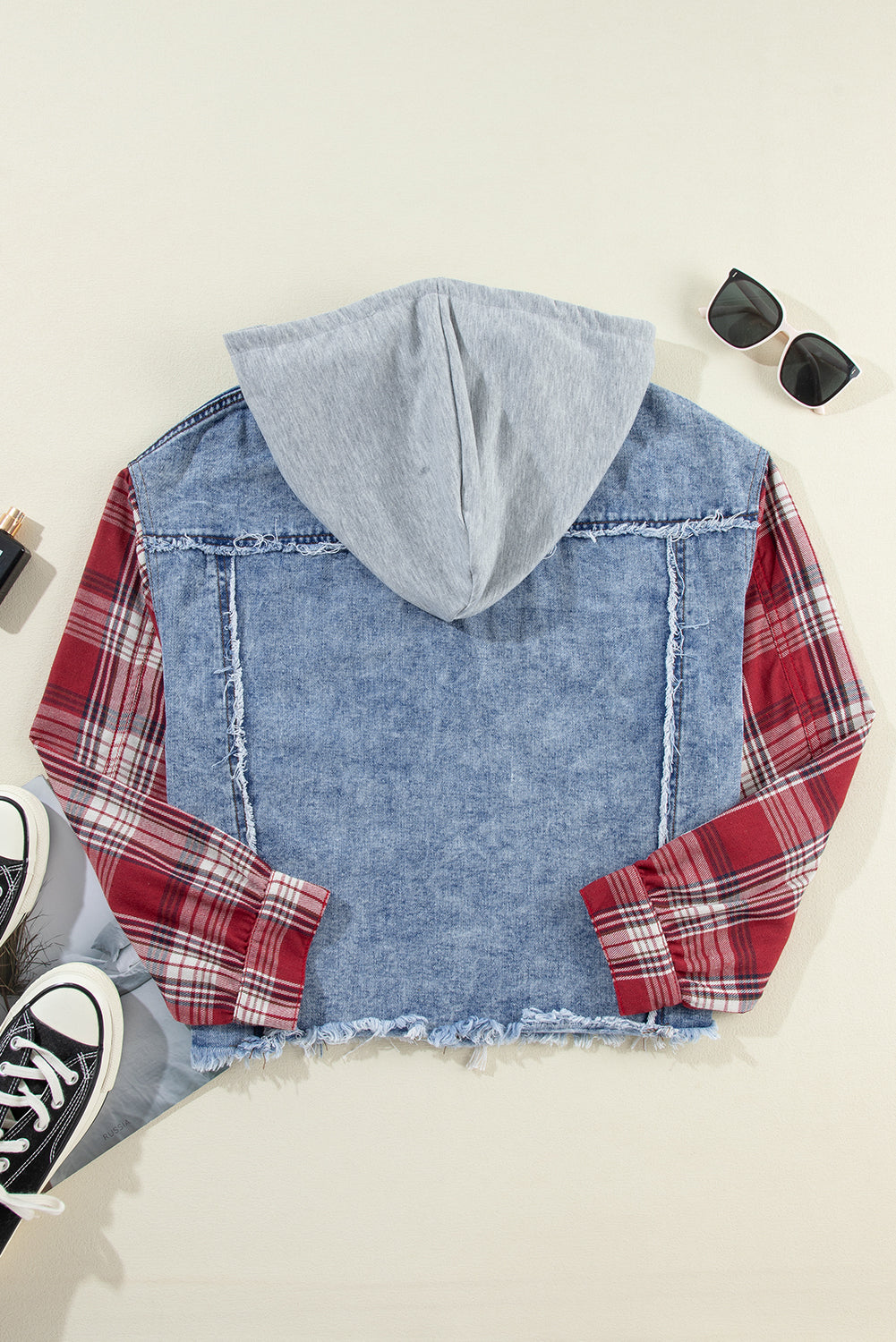 Beau Blue Plaid Print Patchwork Hooded Raw Hem Denim Jacket Beagle Boutique Fashion Outlet