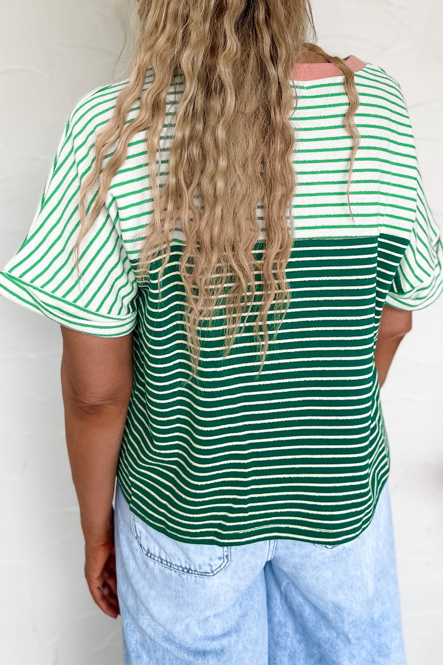 Contrast Print Color Block Detail Relaxed Tee – Green Stripe