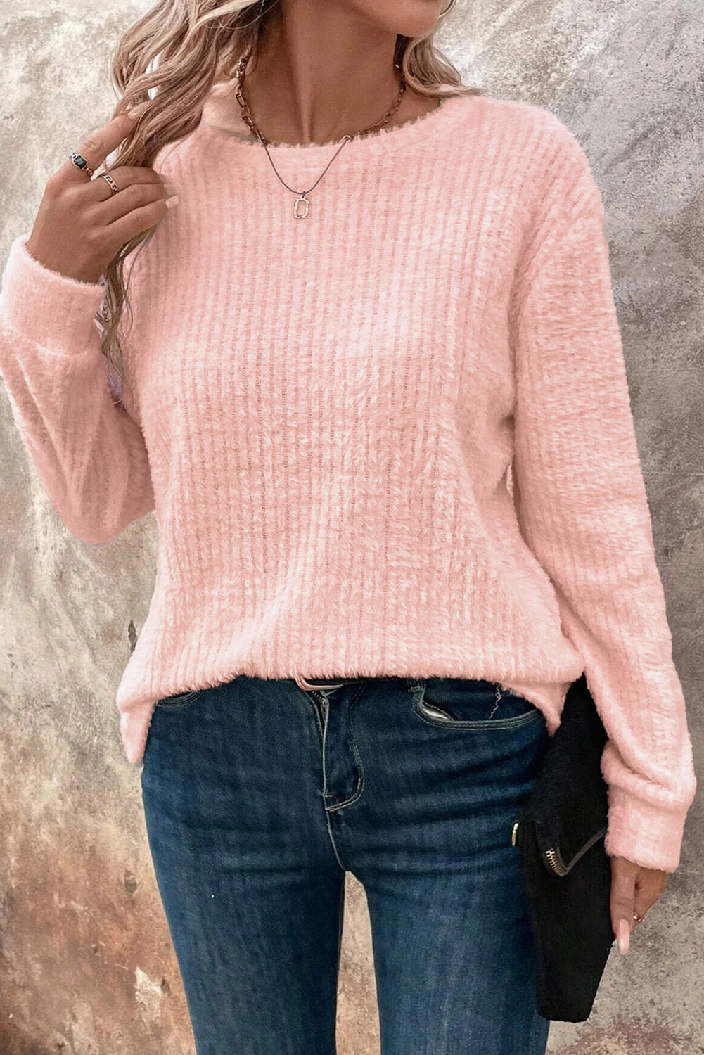 Fuzzy Ribbed Texture Round Neck Long Sleeve Top - eAura