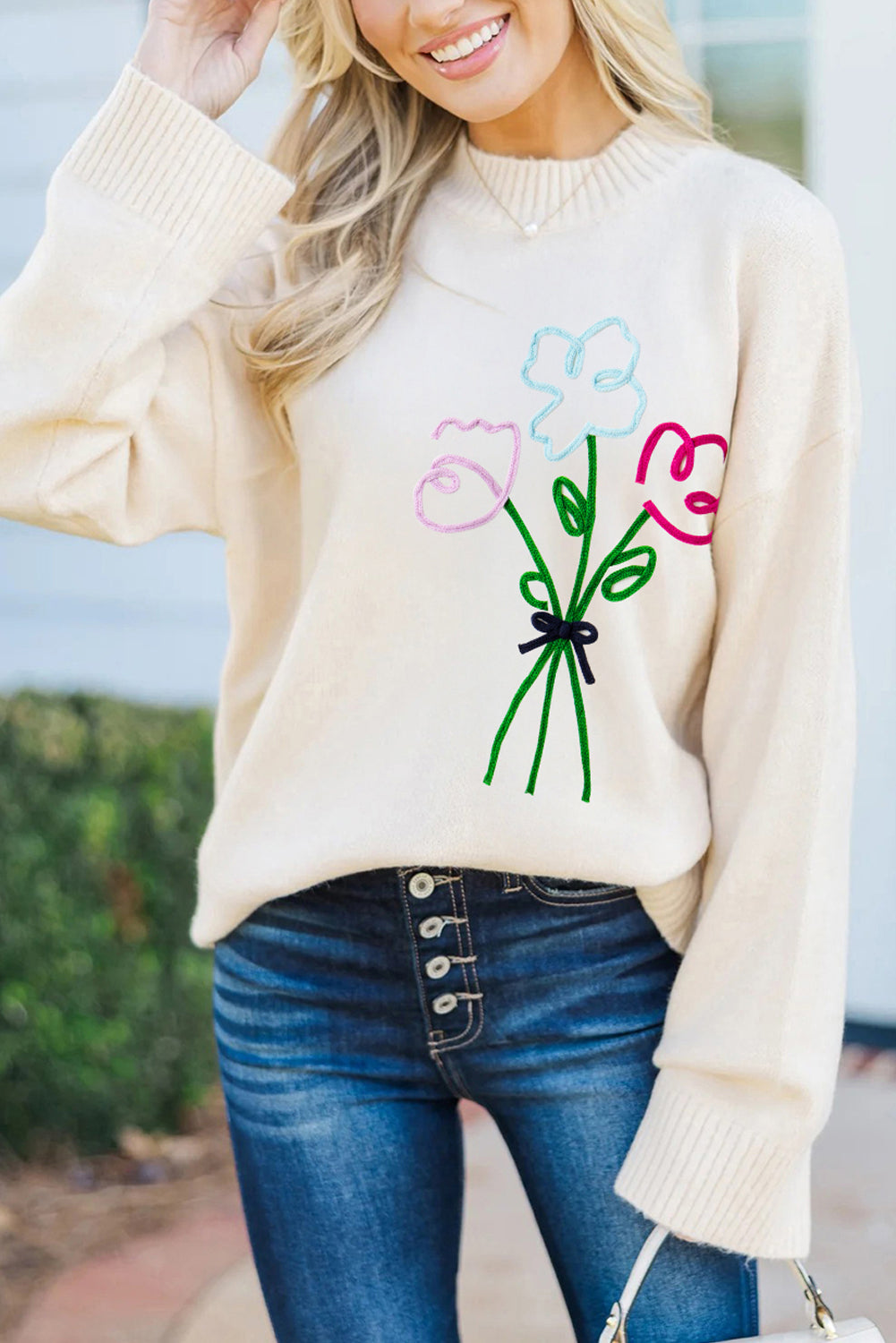 White Embroidered Flower Bouquet Ribbed Trim Loose Sweater Dear-Lover Dropshipping