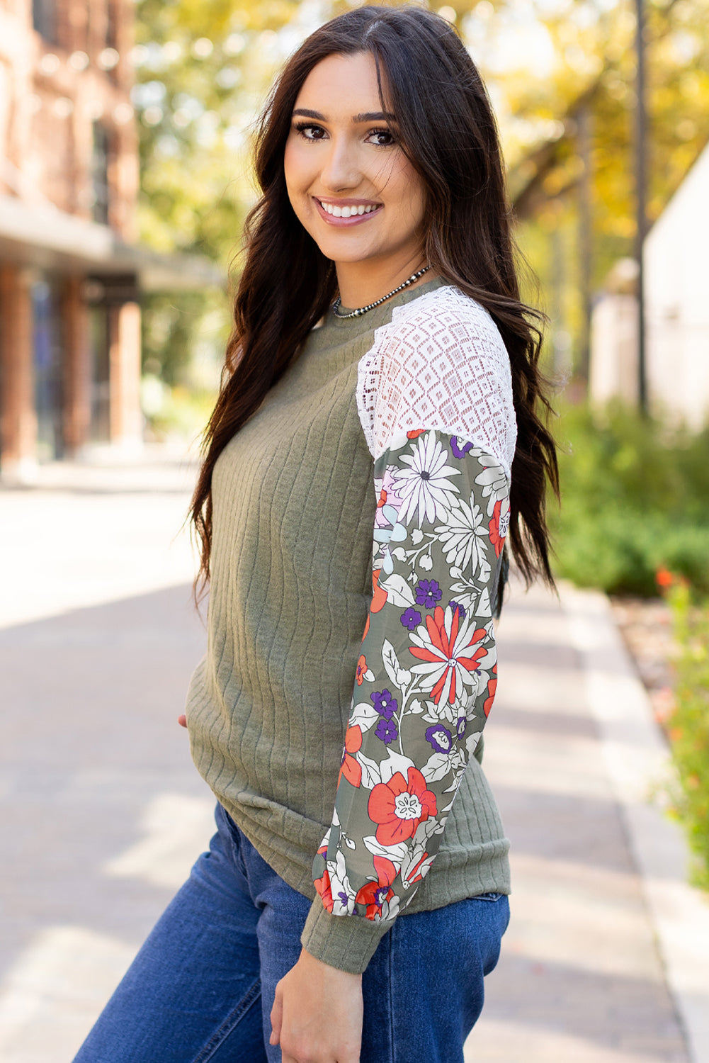 Laurel Green Floral Patchwork Long Sleeve Ribbed Blouse eAura