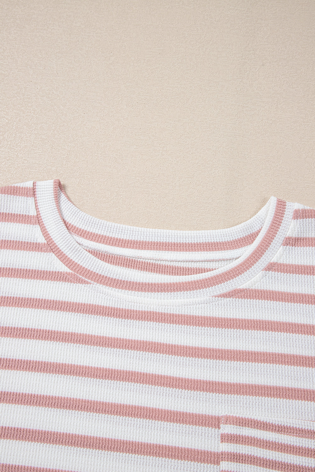 Pink Stripe Waffle Knit Pocketed Half Sleeve Plus Size T Shirt BB Fashion Outlet