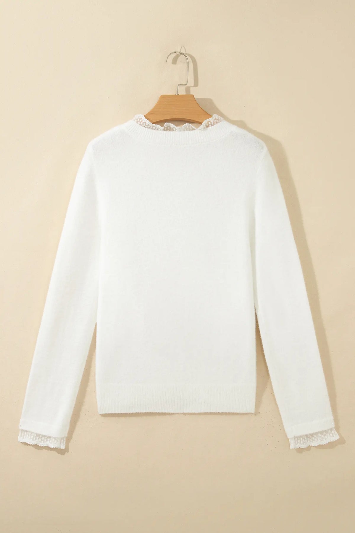 White Lace Trim Neck Cuff Patchwork Long Sleeve Pullover Sweater