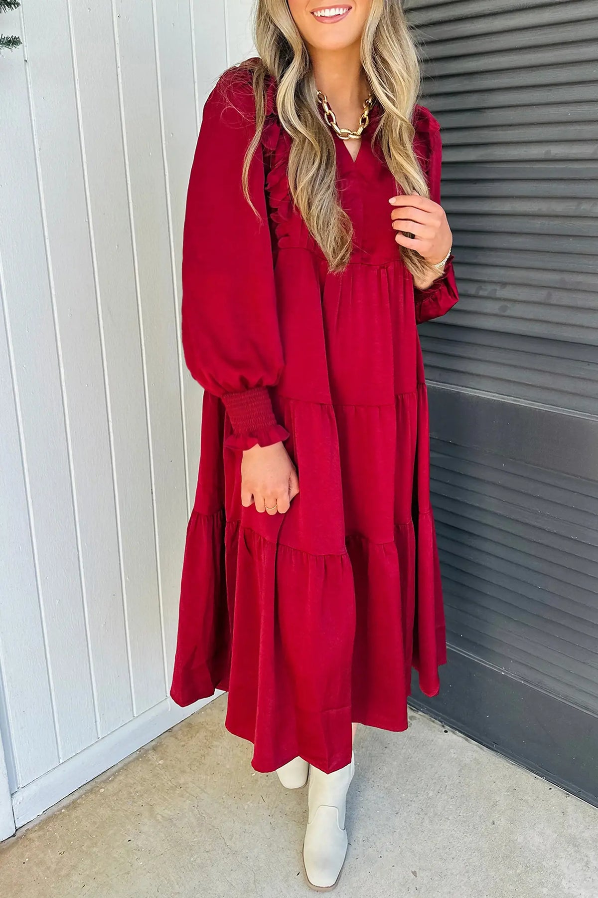 Solid Colour Ruffle Trim Long Sleeve Tiered Shift Midi Dress – Racing Red