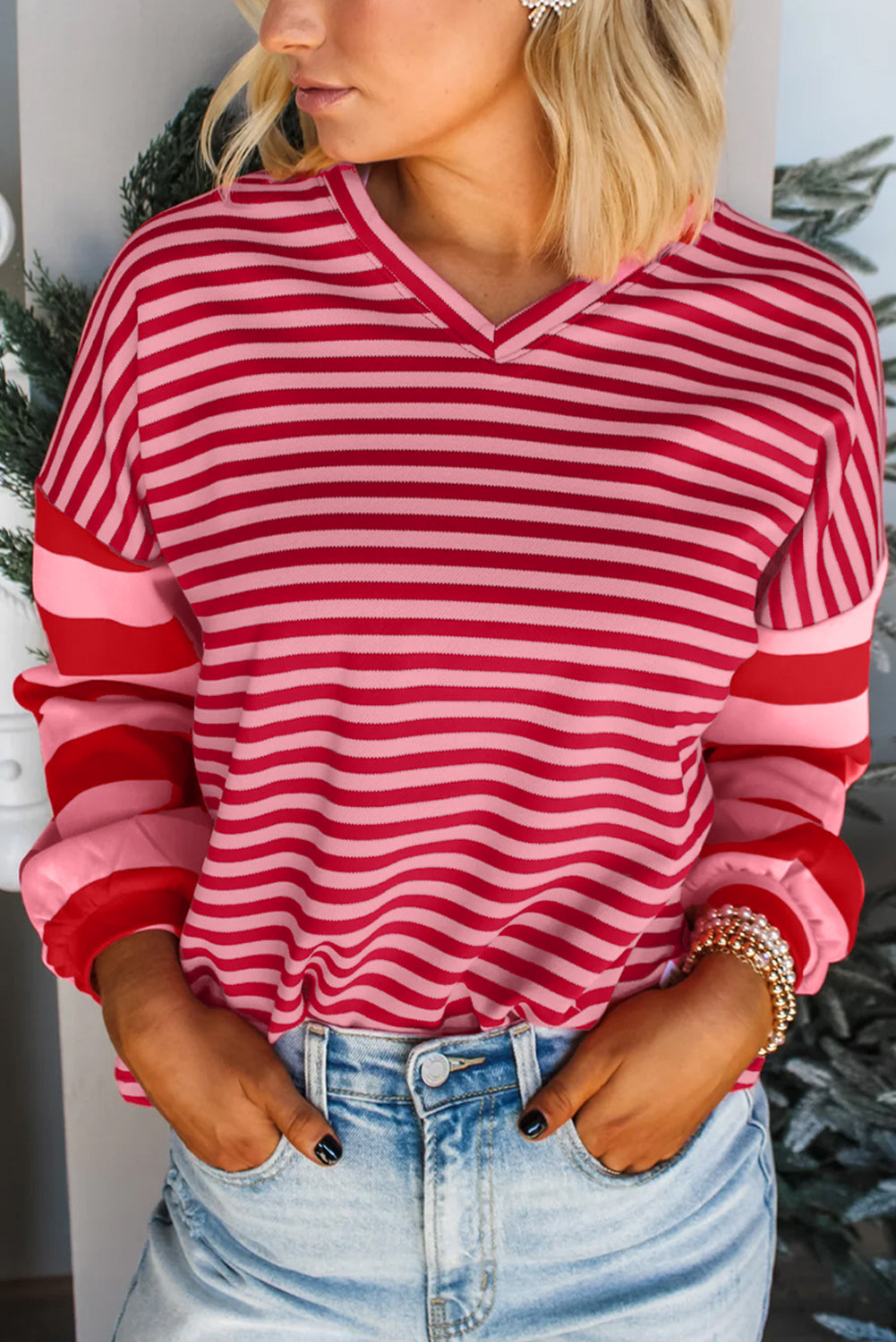 Mix Striped Drop Shoulder Patchwork Sleeve V-Neck Pullover - eAura