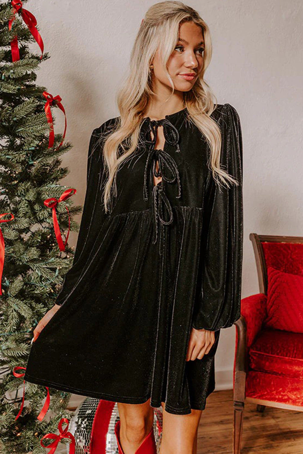 Front Tie Velvet Bubble Sleeve Mini Dress - eAura