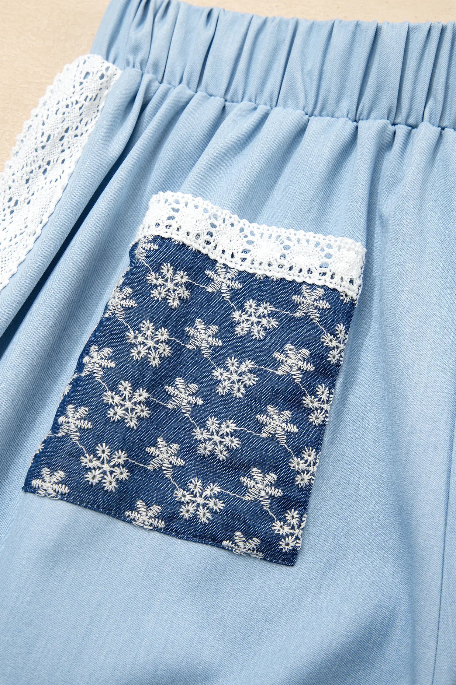 Beau Blue Lace Accent Floral Patched Pocket Pleated Wide Leg Slouchy Pants