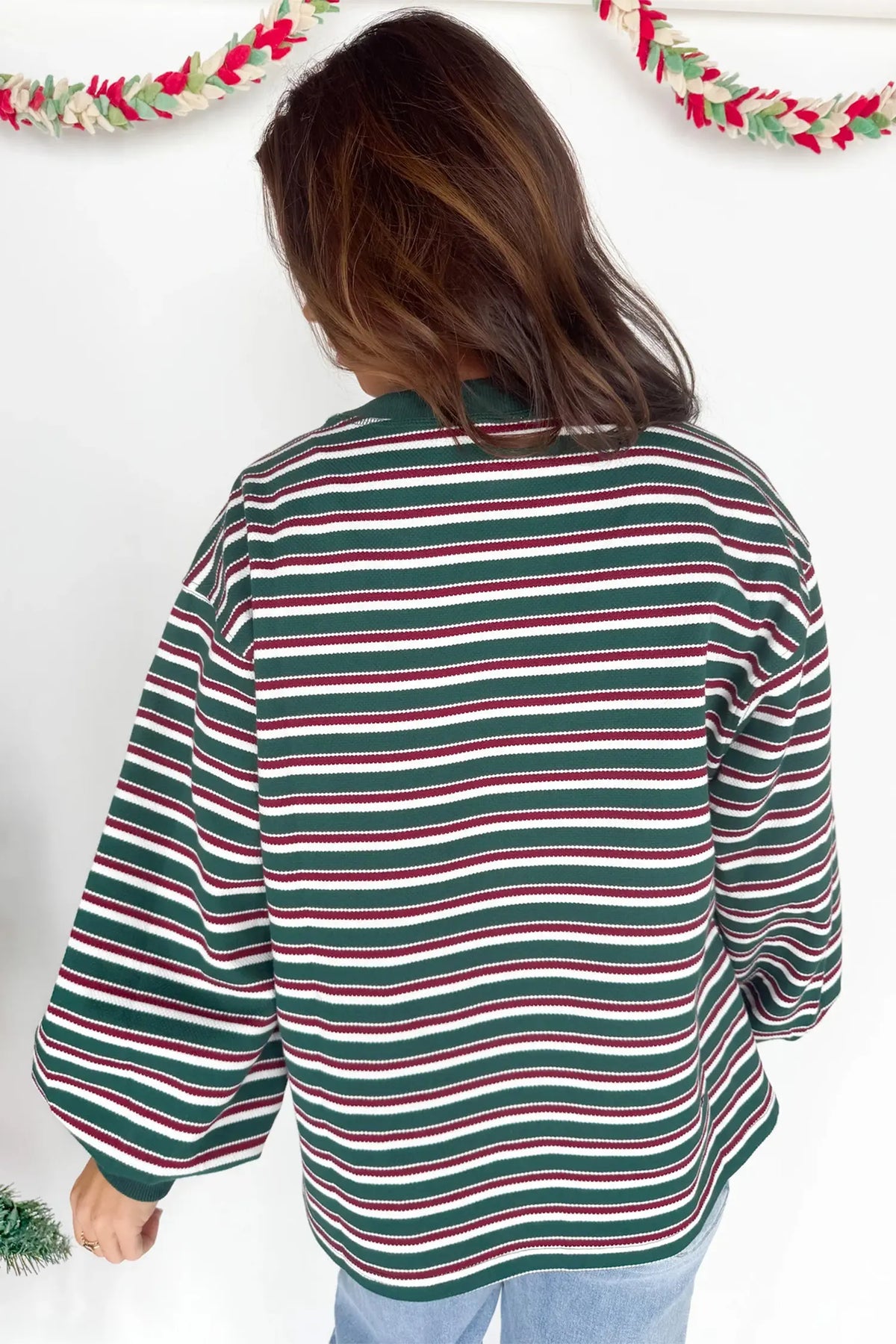 Striped Colourblock Round Neck Long Sleeve Shift Plus Size Sweatshirt – Green Stripe