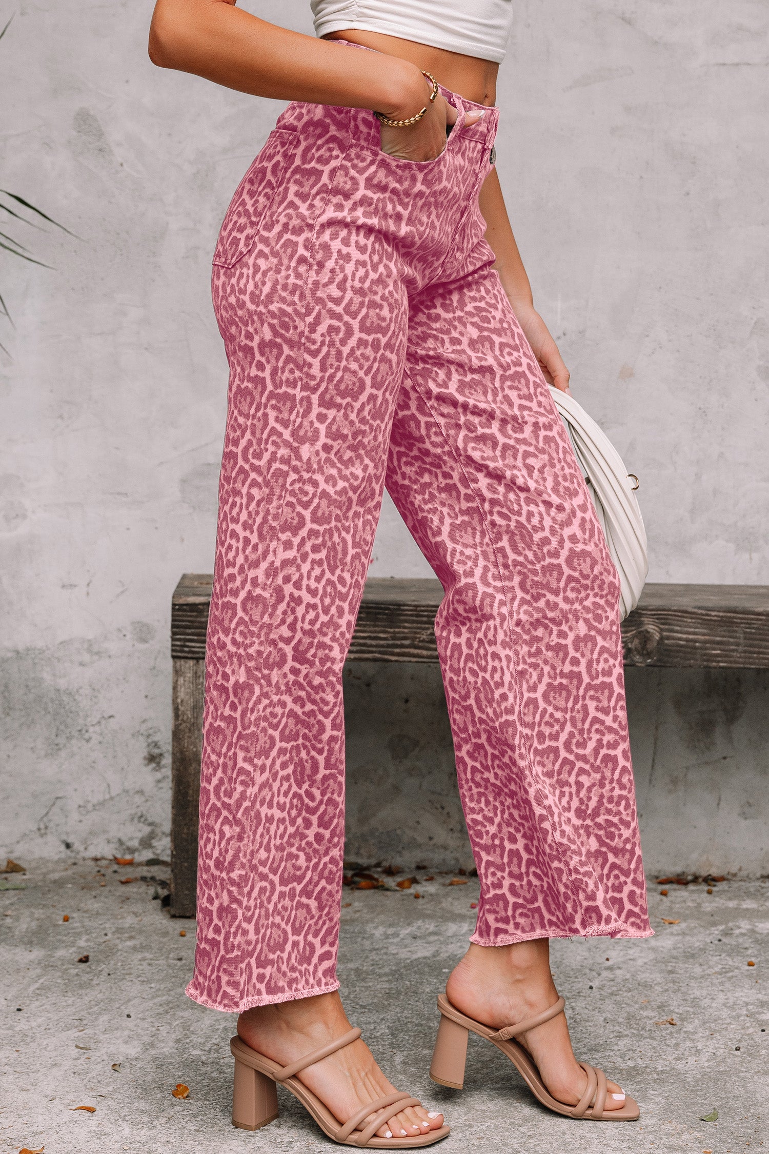Leopard Frayed Edge Wide Leg High Waist Jeans - Bottoms/Jeans/WideLeg
