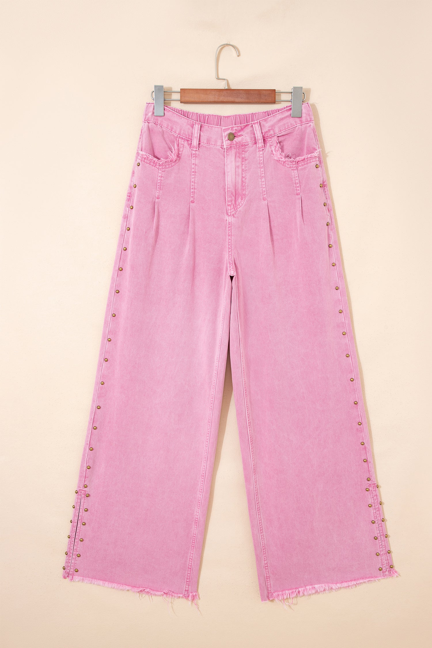 High Waist Rivet Side Detail Wide Leg Split Jeans – Pink
