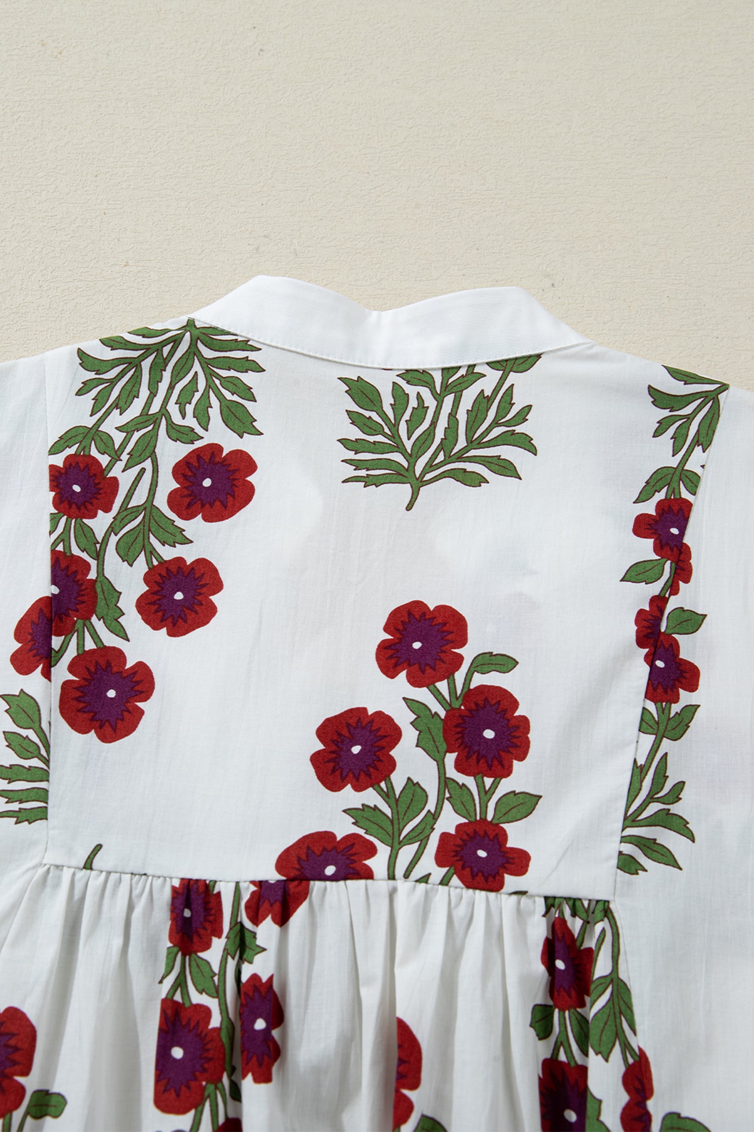 White Frilled V-Neck 3/4 Sleeve Loose Floral Dress