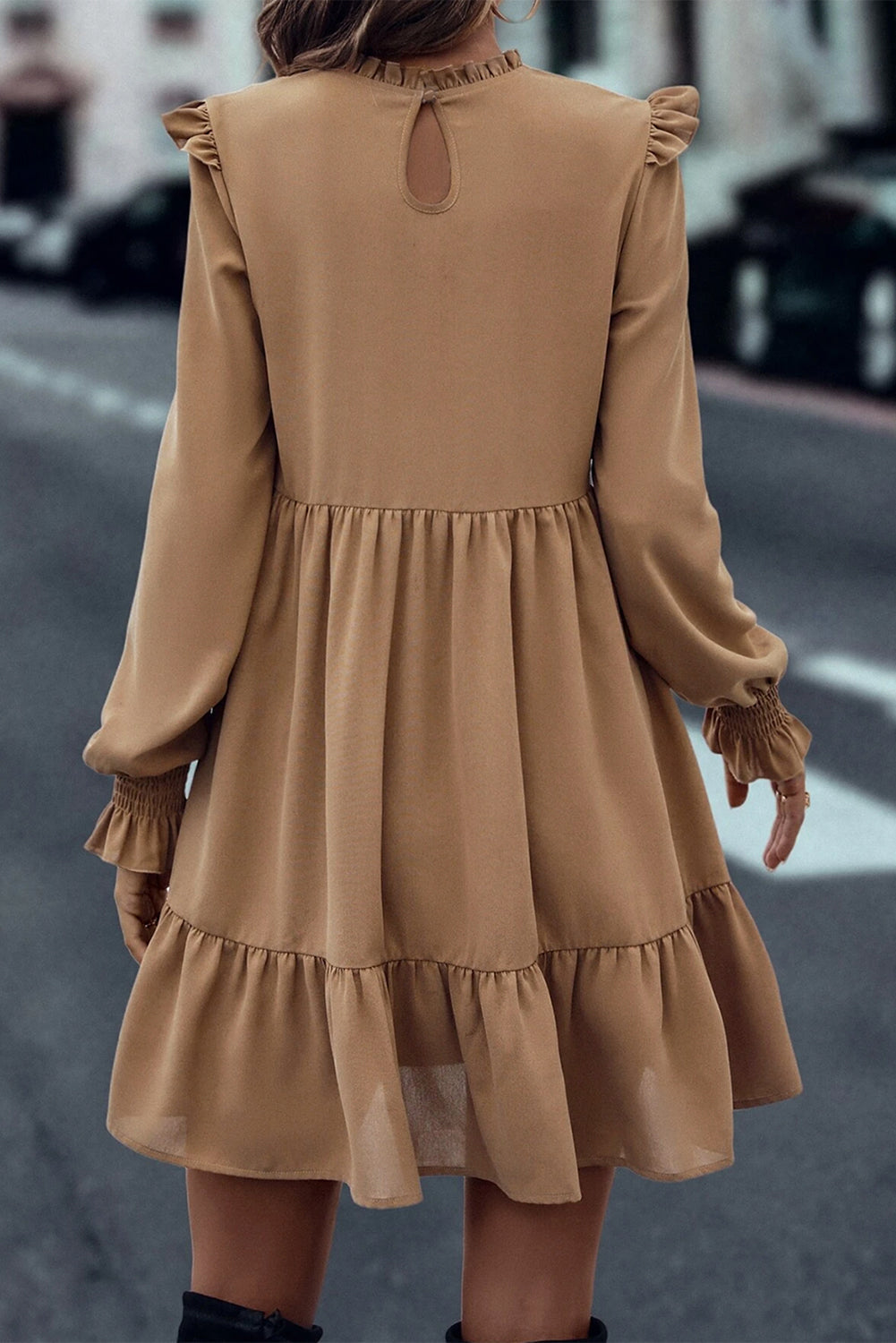 Light French Beige Frilled Collar Ruffled Shoulder Tiered Dress Beagle Boutique Fashion Outlet