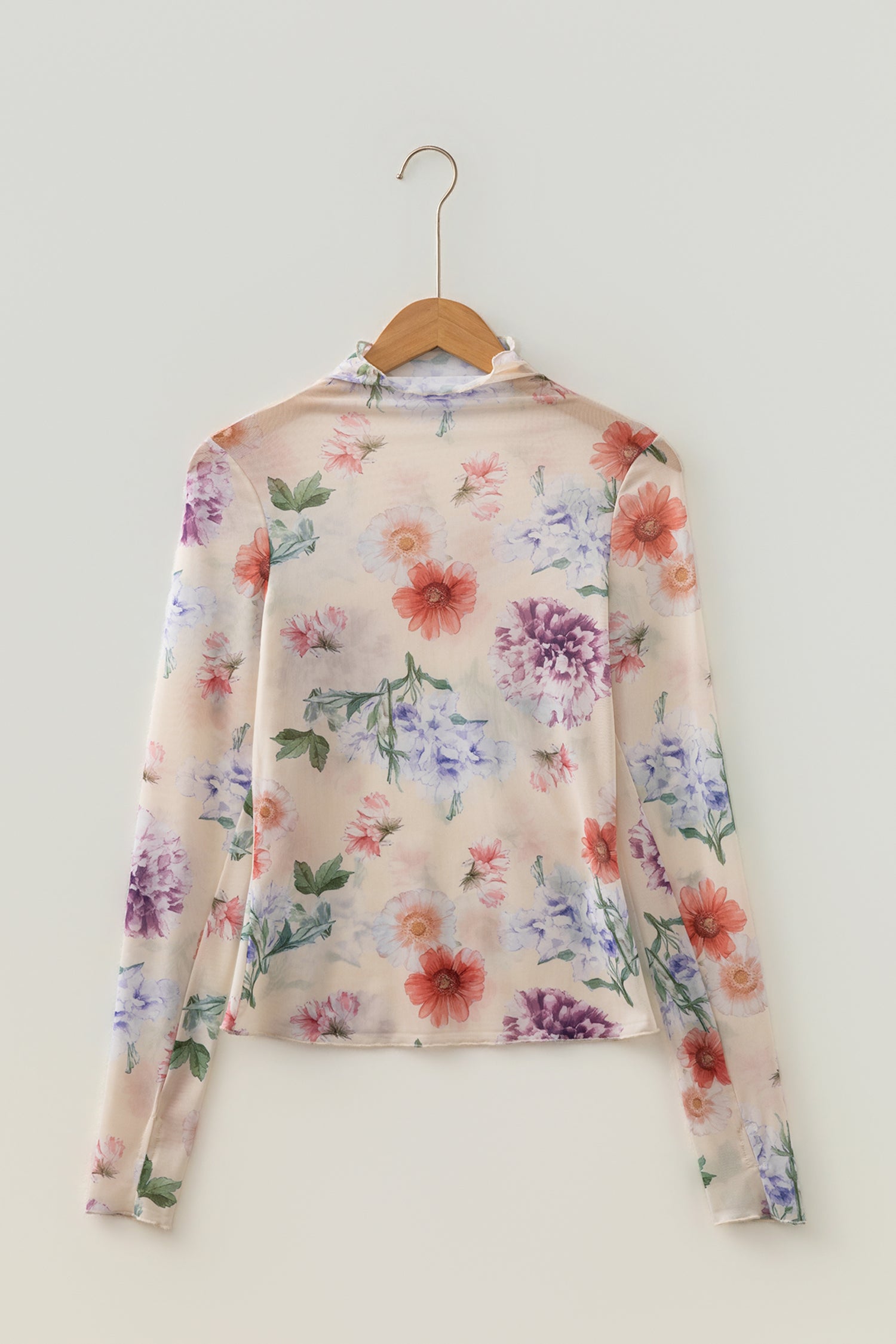 Apricot Floral Mesh Thumbhole Long Sleeve Slim Top – Beige