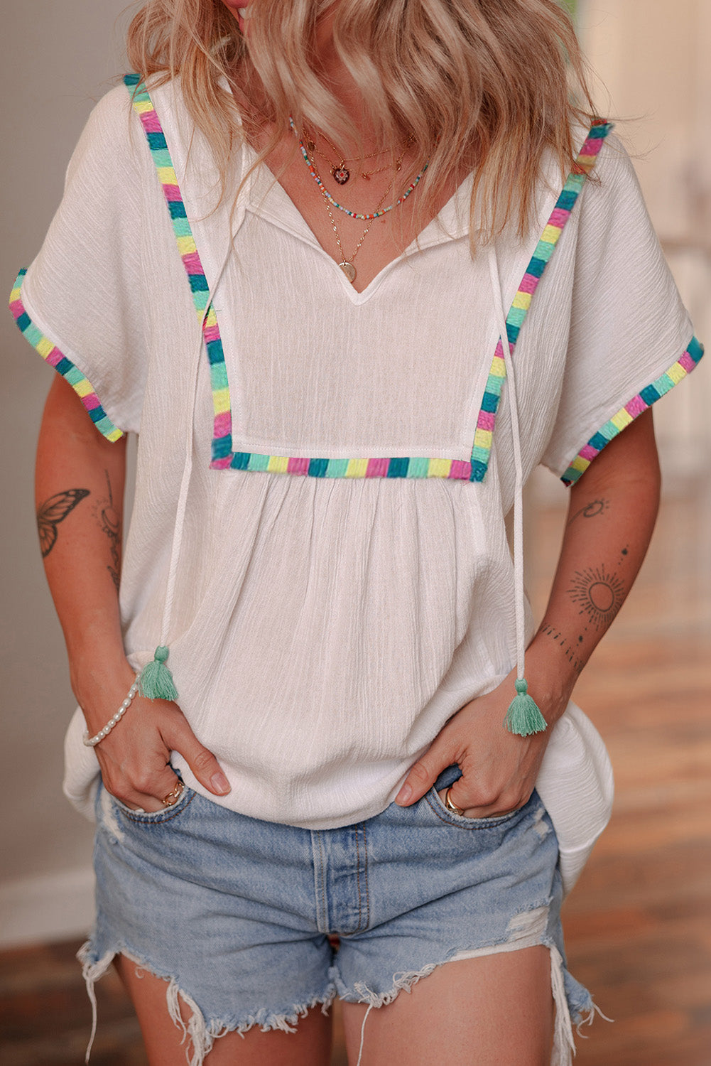 White Colourful Fringed Detail Tassel Tie Neck Short Sleeve Blouse eAura