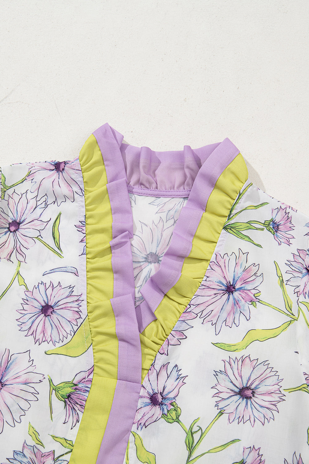 Purple Floral Print Striped Detail Split Neck Flounce Short Sleeve Peplum Blouse Dear-Lover Dropshipping