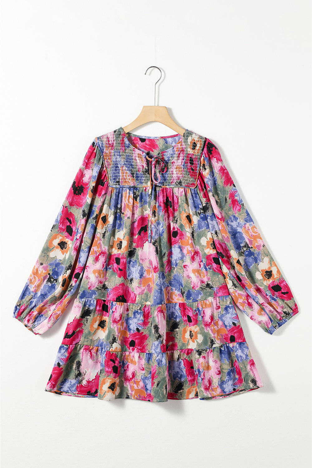 Multicolour Floral Tie Neck Bubble Sleeve Shift Dress eAura