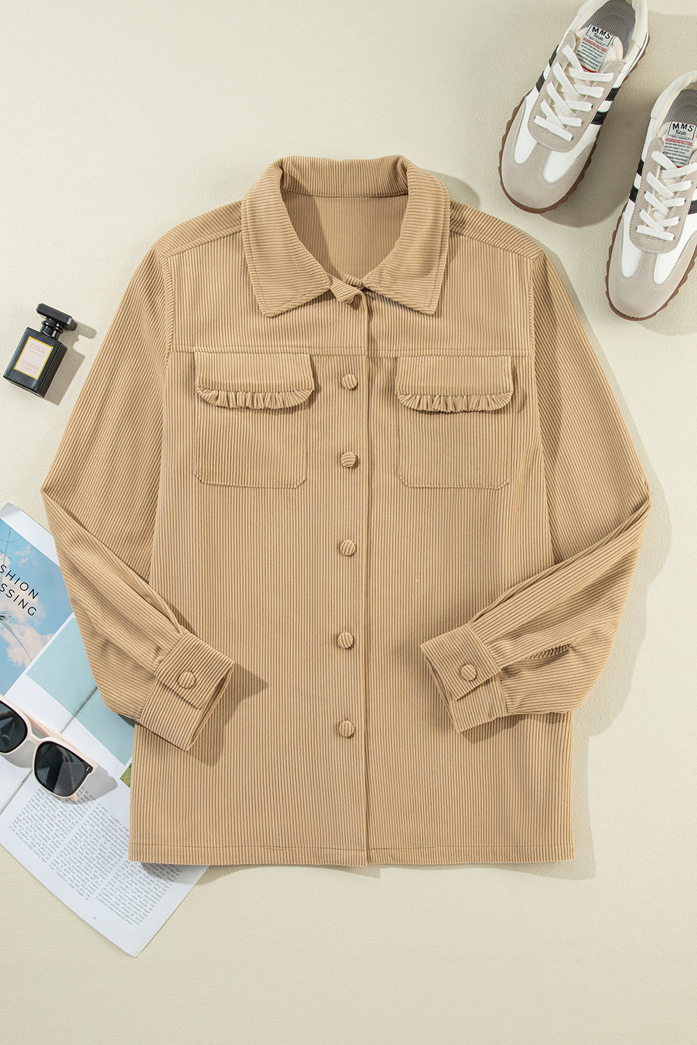 Light French Beige Solid Frilled Flap Pocket Button Up Corduroy Shacket Beagle Boutique Fashion Outlet