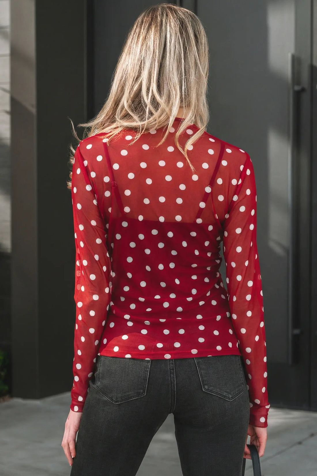 Polka Dot Bodycon Mock Neck Mesh Long Sleeve Top