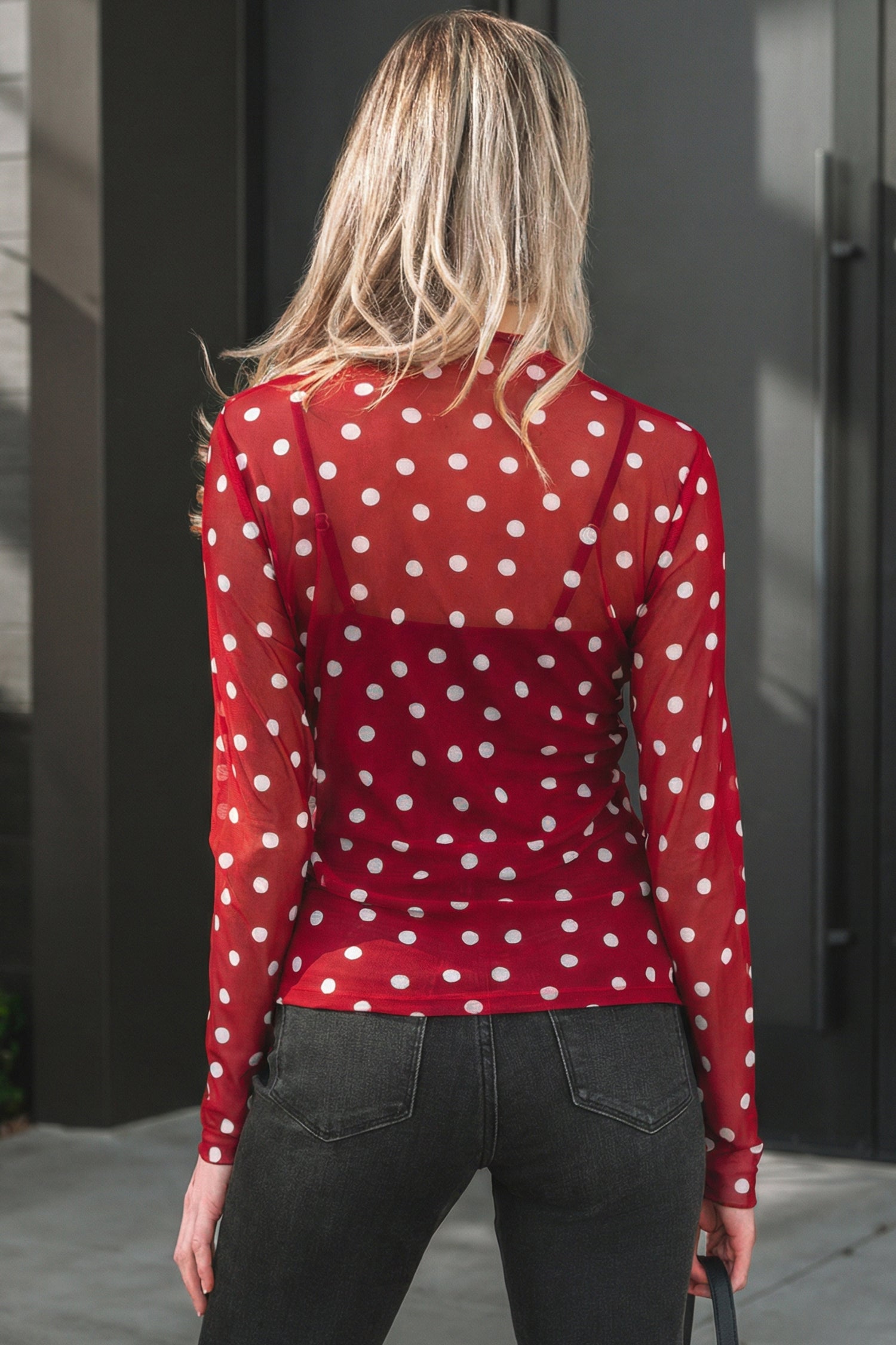 Polka Dot Bodycon Mock Neck Mesh Long Sleeve Top