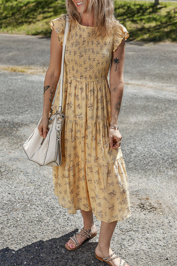 Yellow Boho Floral Print Ruffle Smocked Flowy Summer Dress eAura