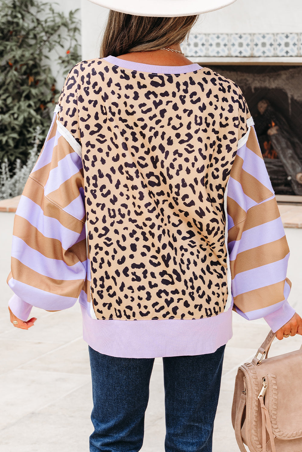 Stripe Colour Block Leopard Casual Sweatshirt with Slits - Tops/Sweatshirts & Hoodies