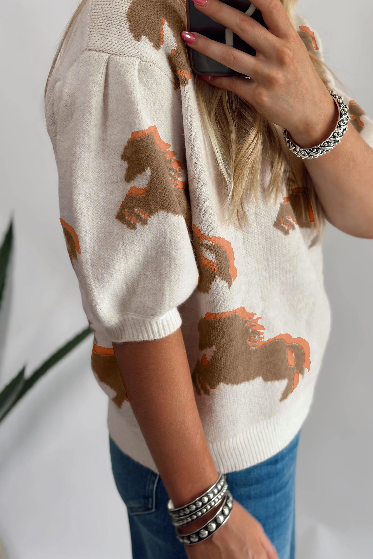 Western Horse Printed Short Puff Sleeve Sweater – White