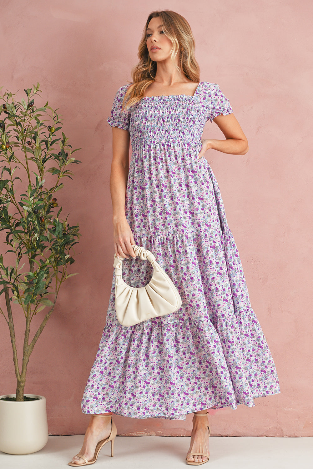 Floral Short Bubble Sleeve Smocked High Waist Maxi Dress