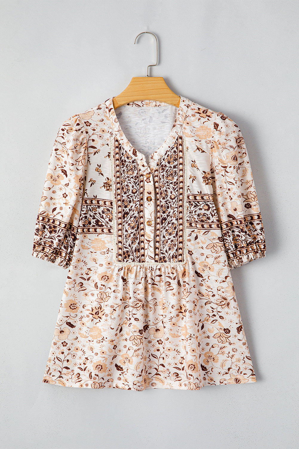 Boho Floral Print Half Placket Short Sleeve Loose Blouse eAura