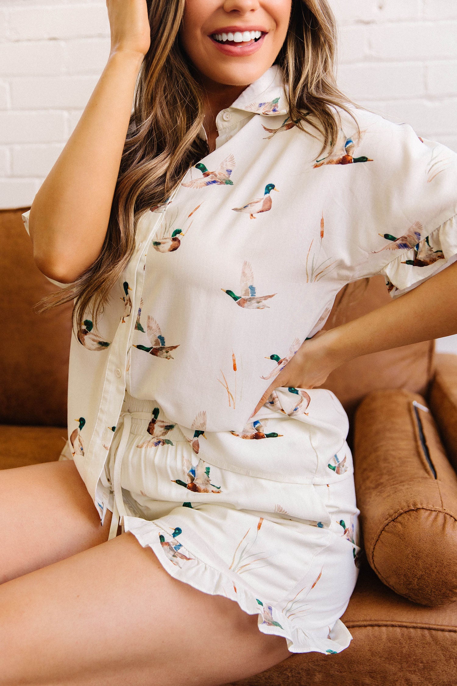 Beige Mallard Print Shirt & Shorts Two Piece Set