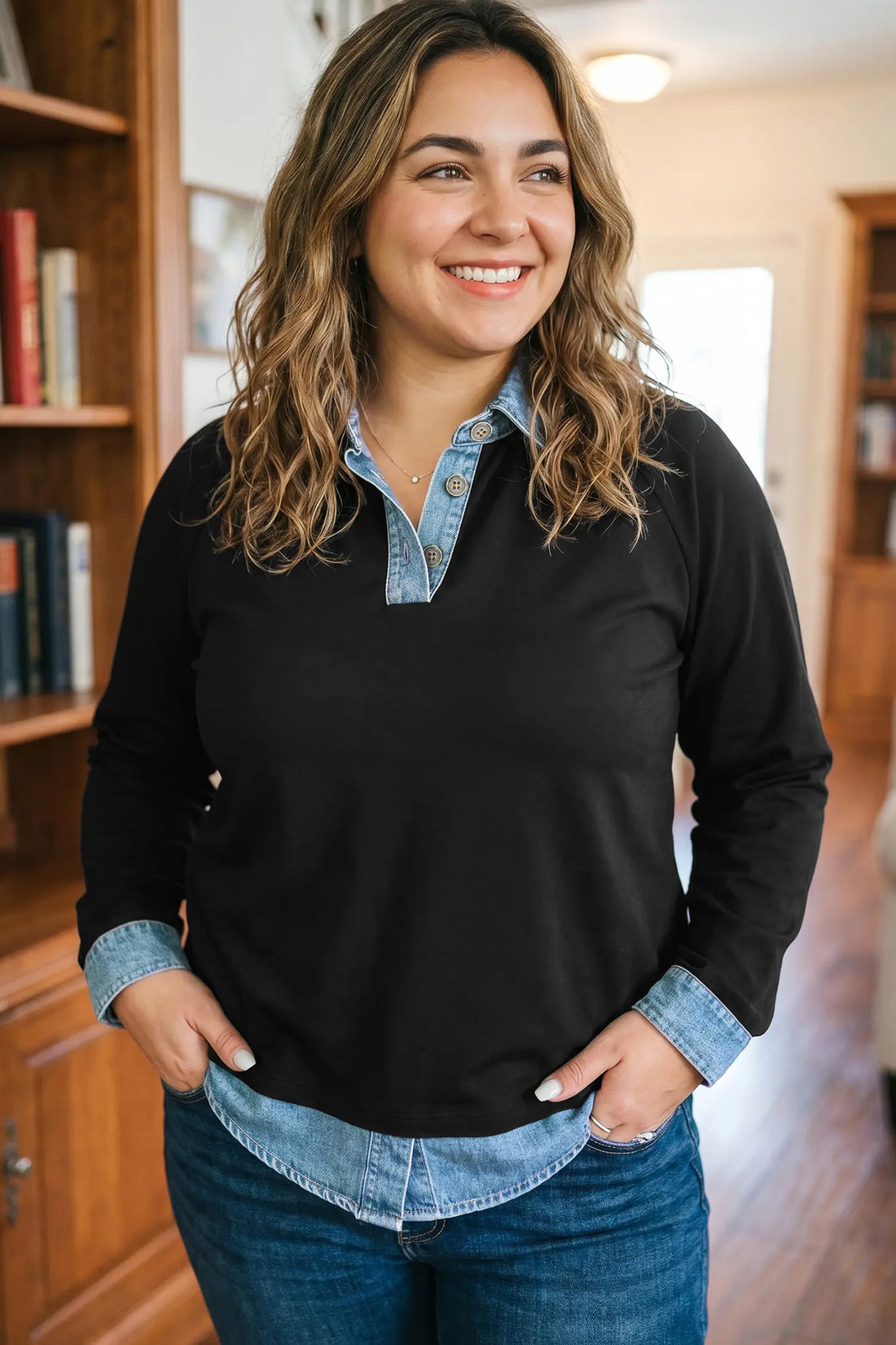 Solid Colourblock Long Sleeve V-Neck Plus Size Blouse
