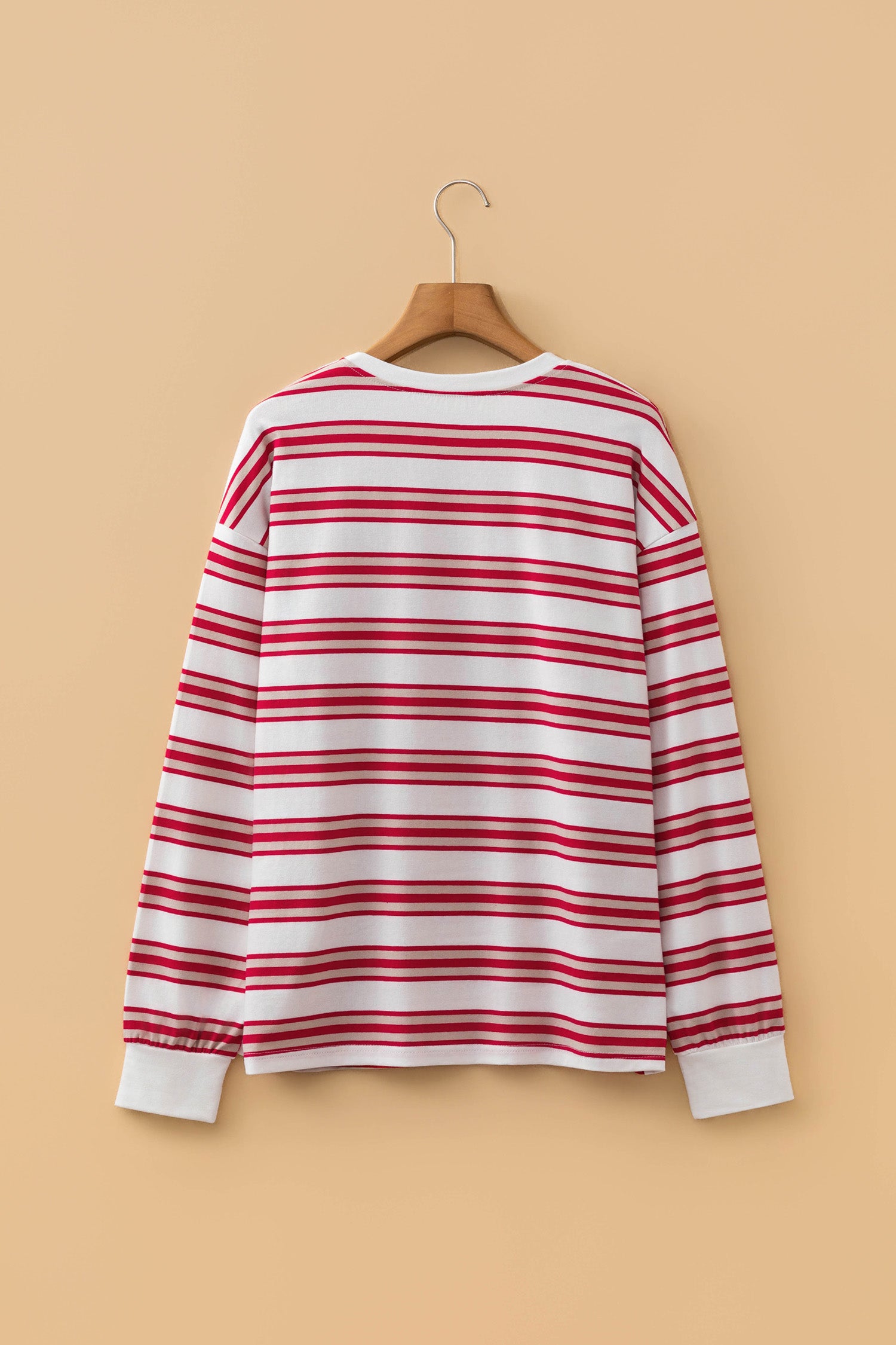 Dropped Shoulder Long Sleeve Casual Pullover Top – Red Stripe