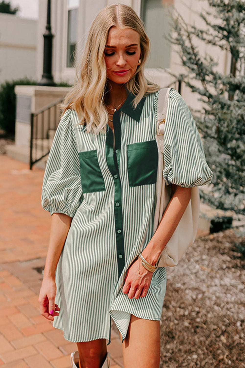 Green Patch Pockets Button Down Short Puff Sleeve Dress eAura