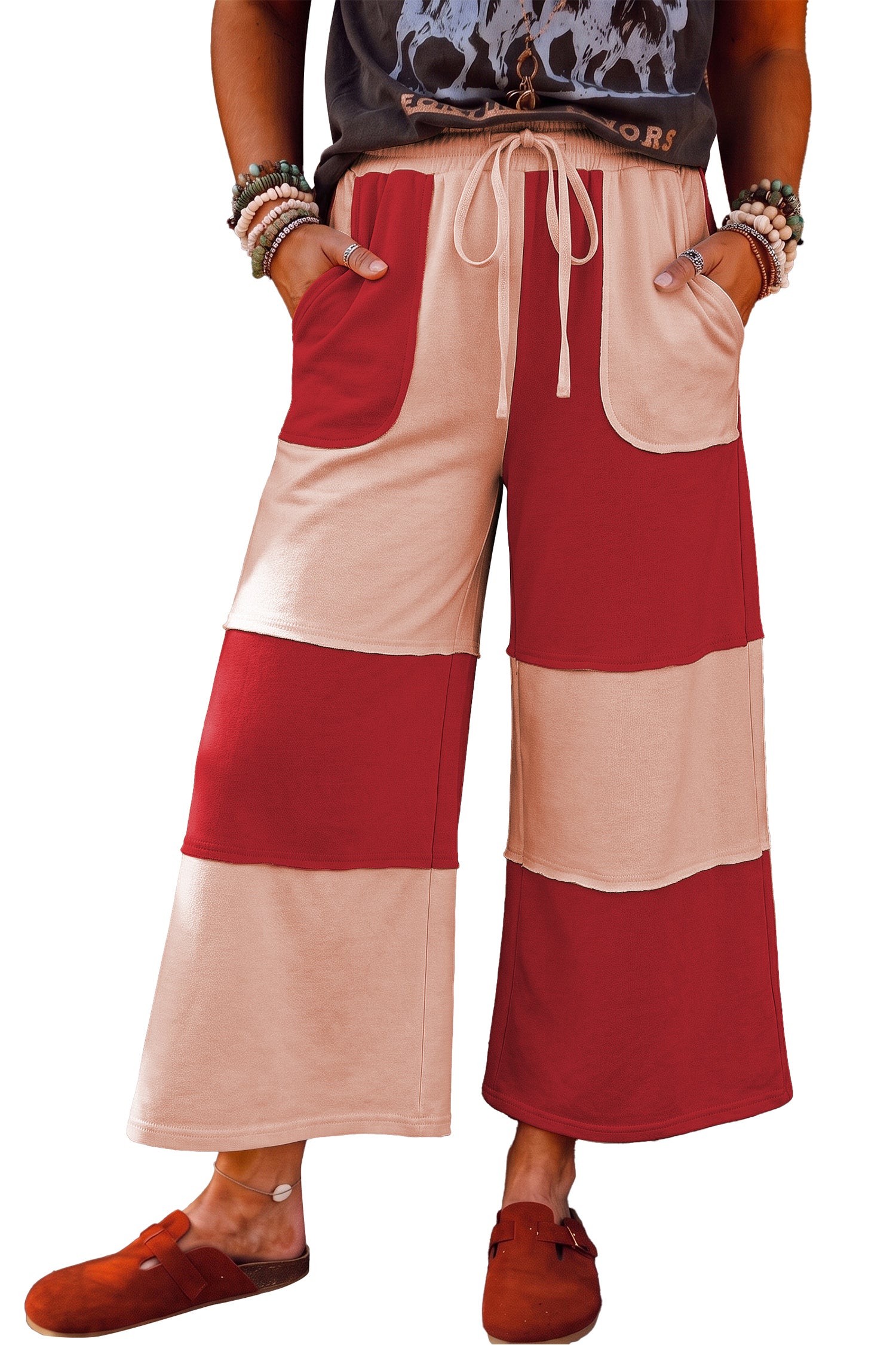 Raw Seam Colorblock Wide Leg Ankle Length Casual Pants – Fiery Red
