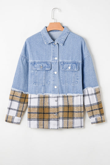 Khaki Plaid Patchwork Buttoned Oversized Denim Jacket - Outerwear/Denim jackets