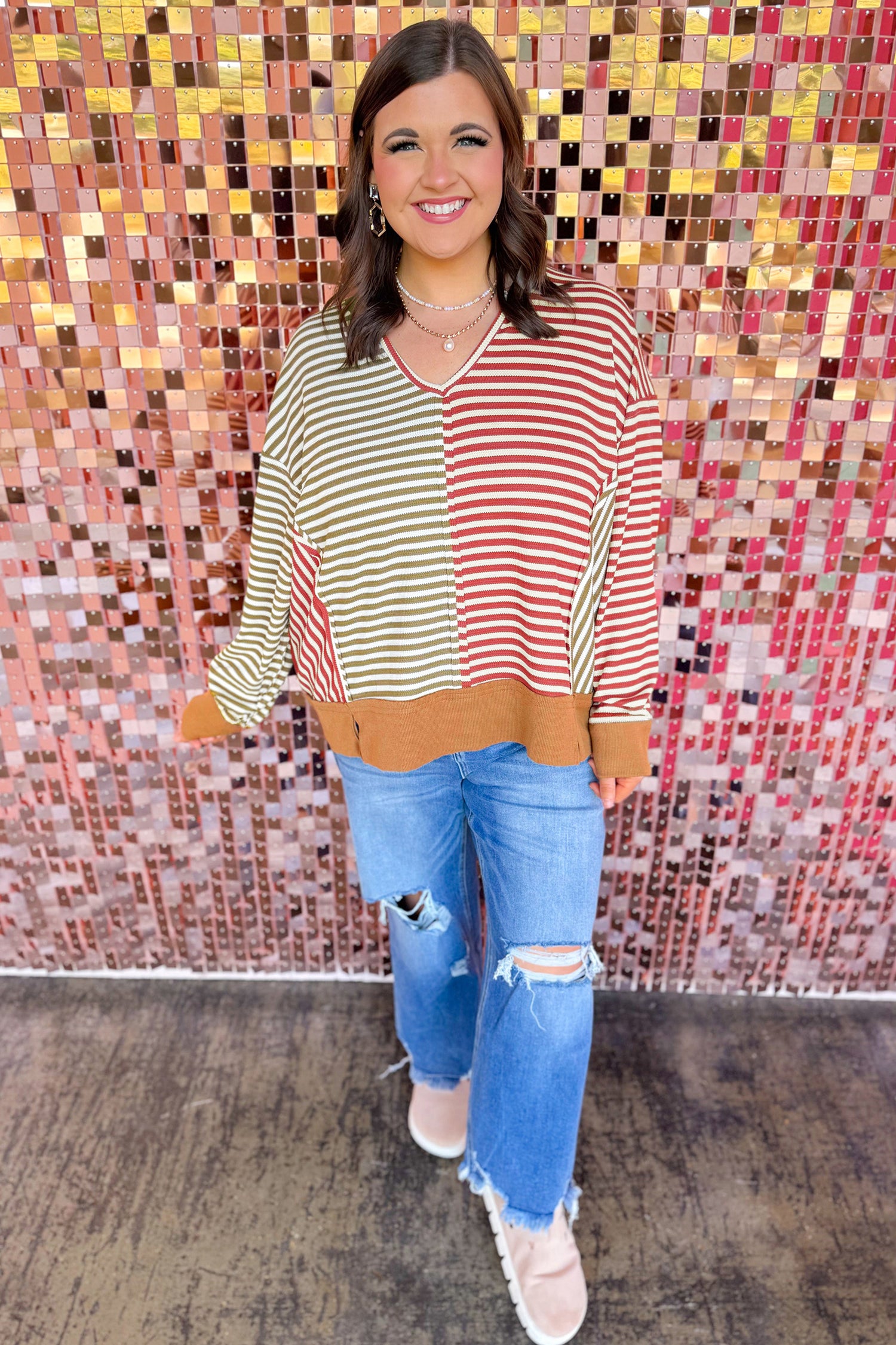Striped Colorblock V Neck Oversized Long Sleeve Plus Size Blouse – Brown Stripe
