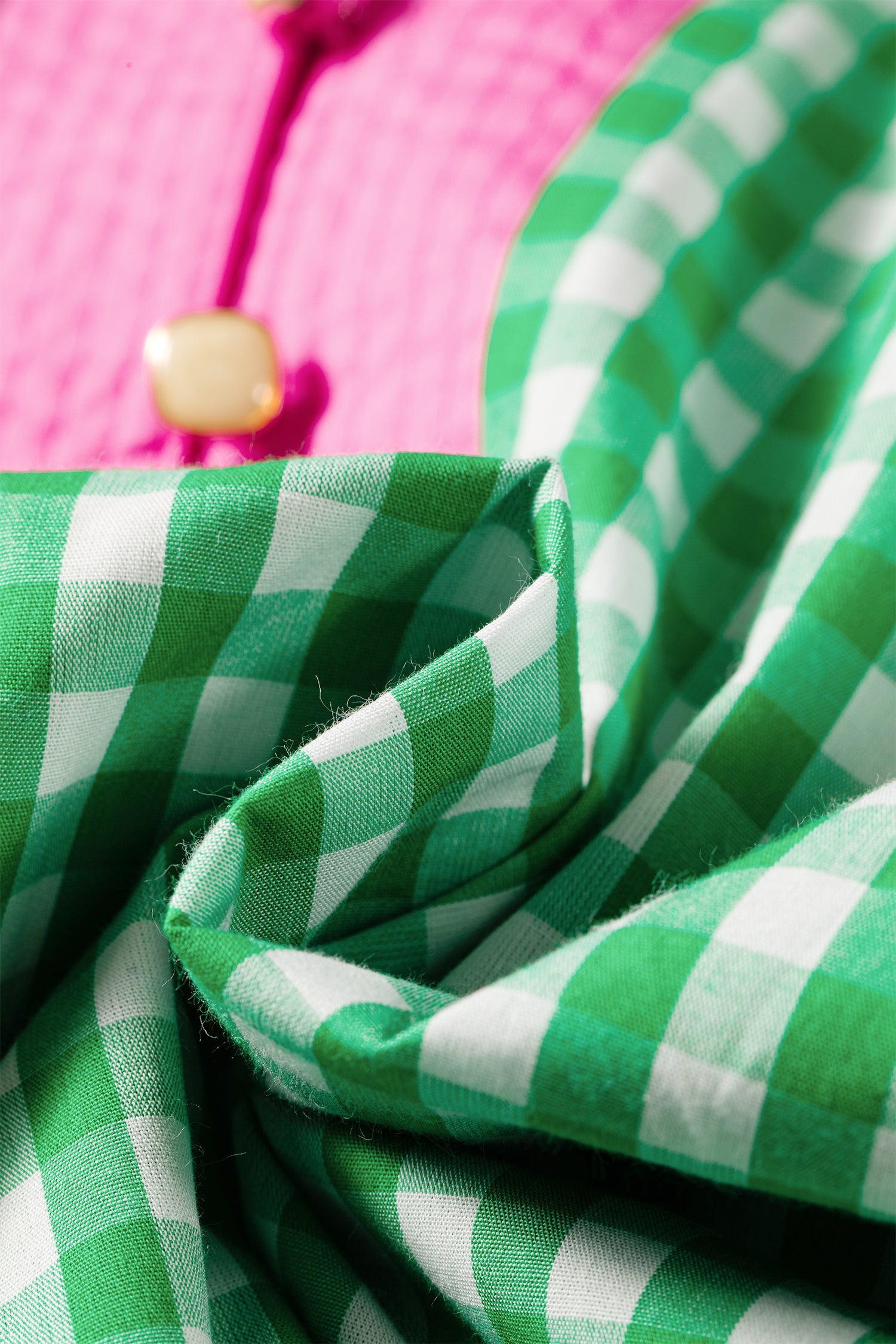 Gingham Plaid Bubble Sleeve Colorblock Trim V Neck Blouse – Green