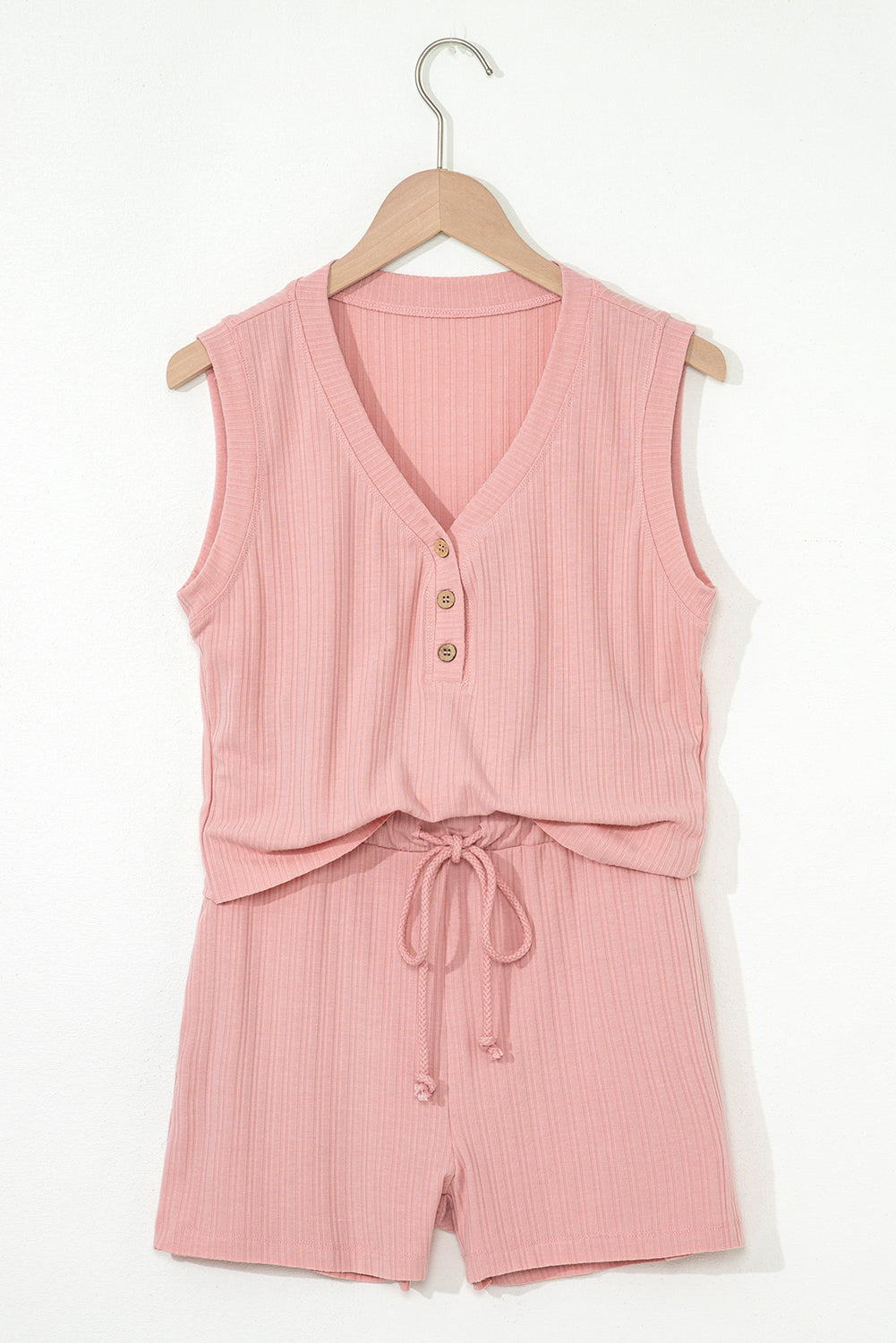 Pink Ribbed Button V Neck Tank Top and Shorts Co-ord Set eAura
