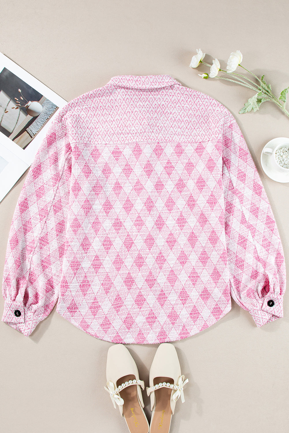 Delicacy Geometric Print Textured Flap Detail Shacket with Pocket Beagle Boutique Fashion Outlet