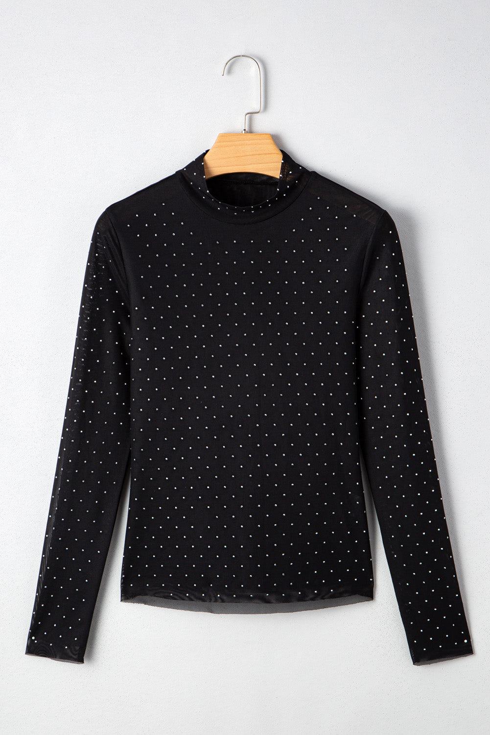 Black Rhinestone Embellished Mesh Long Sleeve Top - eAura