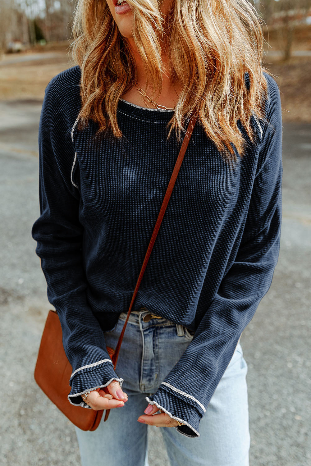 Blue Textured Round Neck Long Sleeve Top eAura