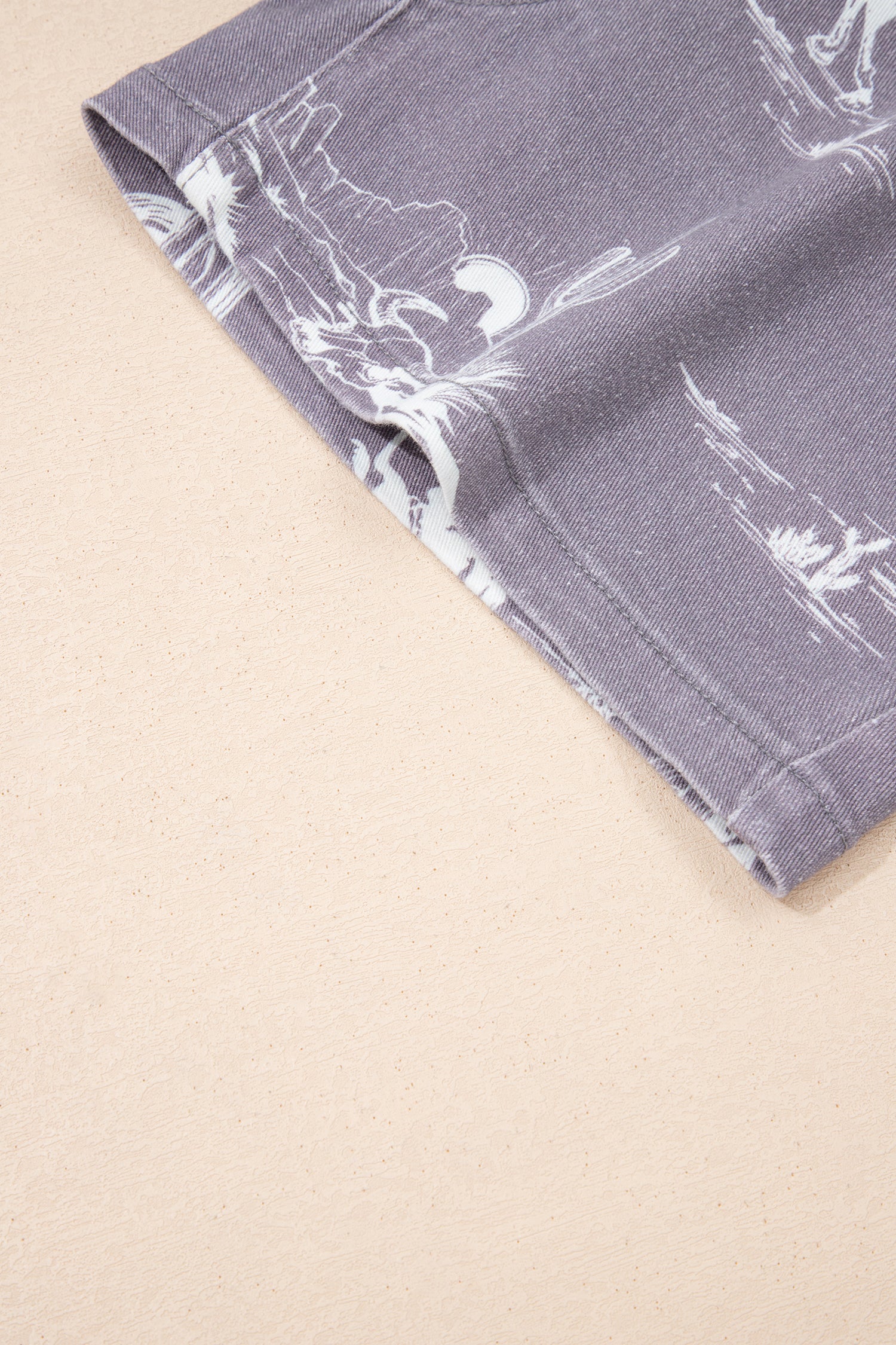 Western Print Elastic Waist Cotton Denim Shorts