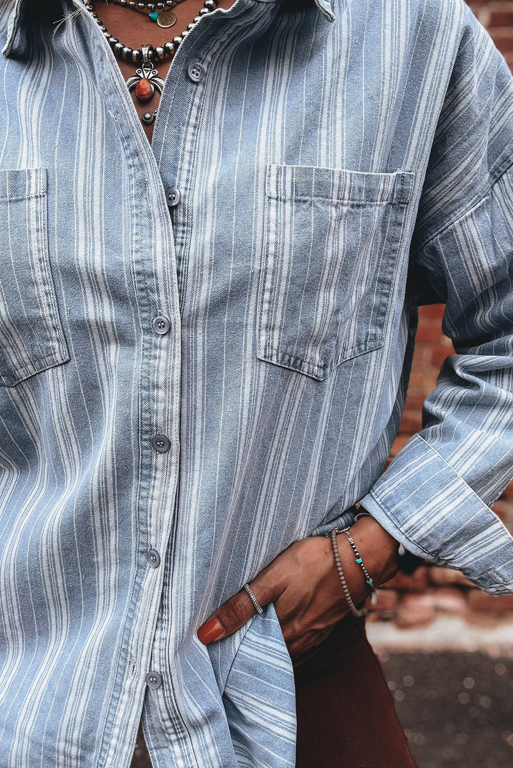 Blue Striped Boyfriend Chest Pocket Classic Denim Shirt - Tops/Blouses & Shirts