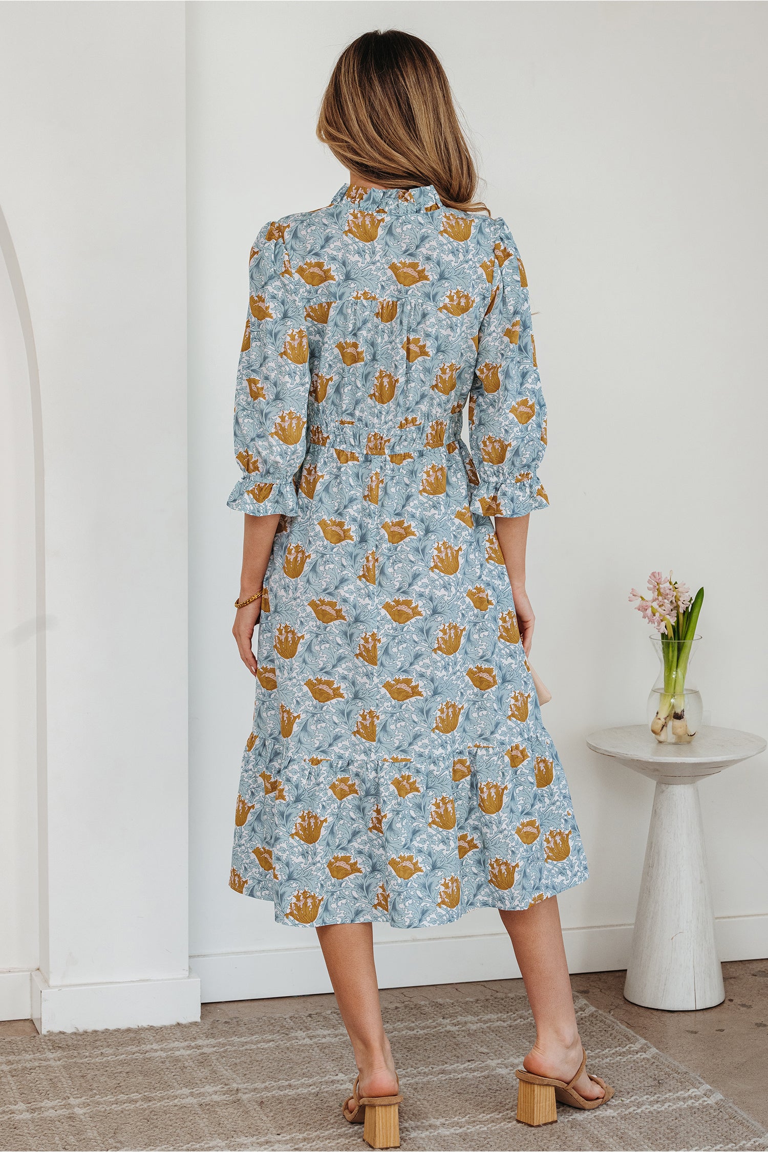 Floral Printed Frilled V-Neck Bracelet Sleeve Long Dress