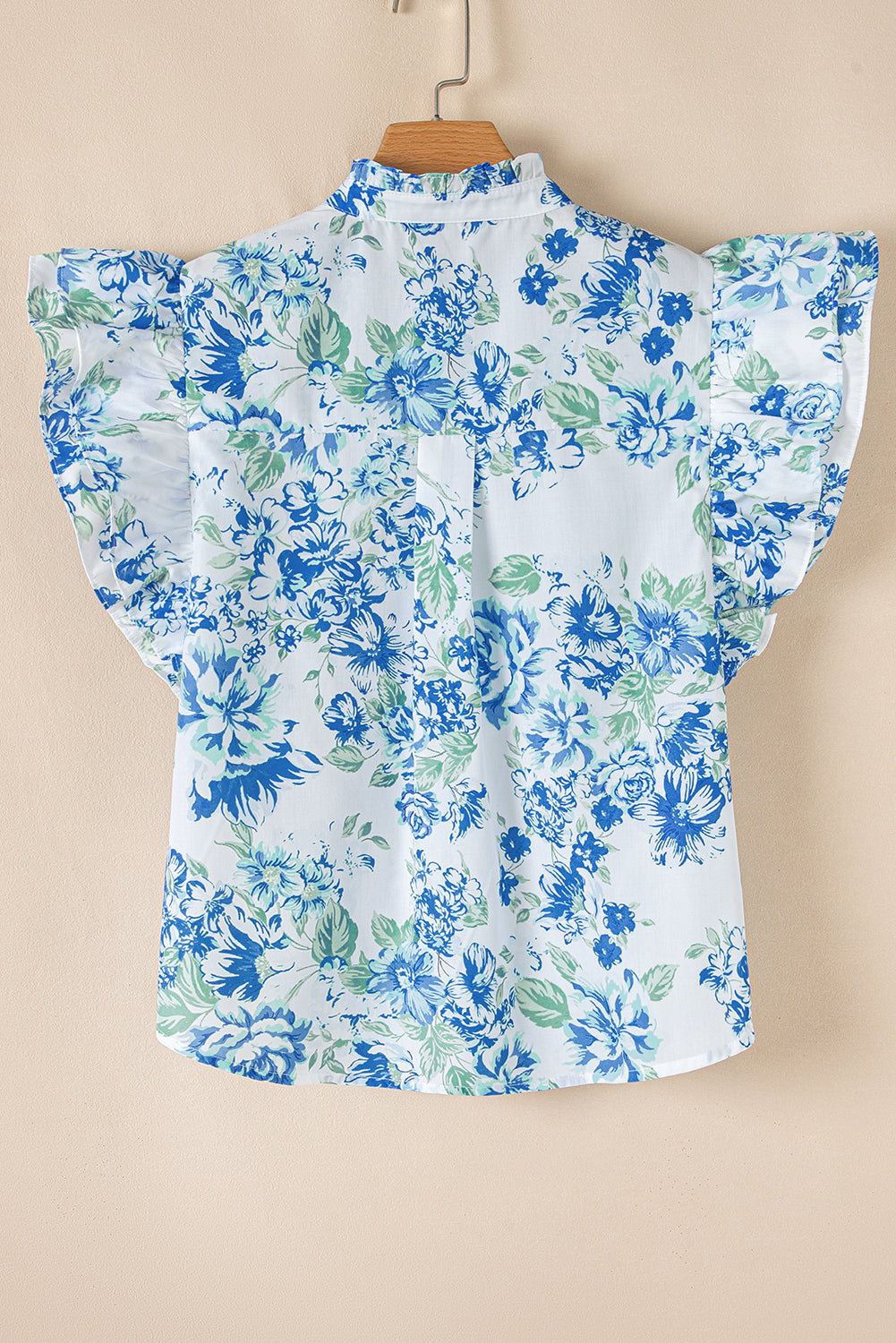 Sky Blue Floral Print Ruffle Sleeve Frilly Button Up Shirt eAura