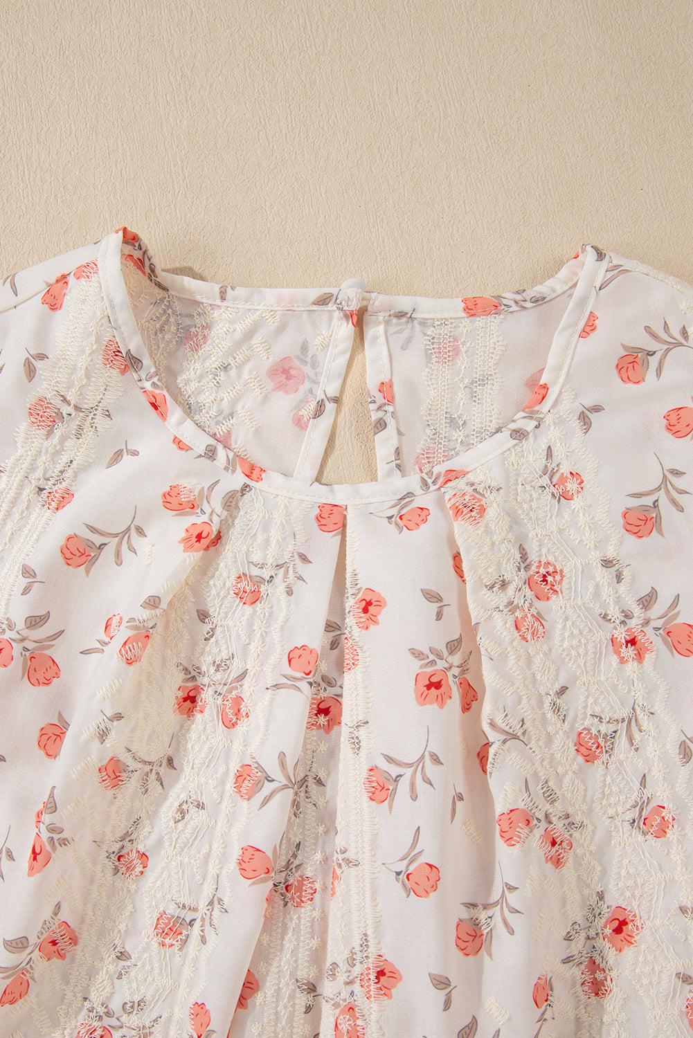 Pink Floral Print Embroidery Detail Crochet Cap Sleeve Blouse eAura